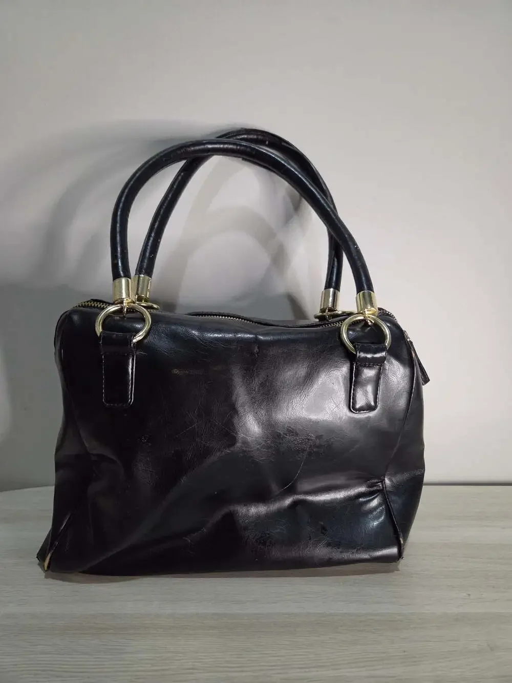 Kenneth Cole Reaction Black Faux Leather Satchel with Gold Tone Studs